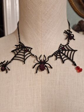 Black Spider Web Necklace with Dark Red Accents